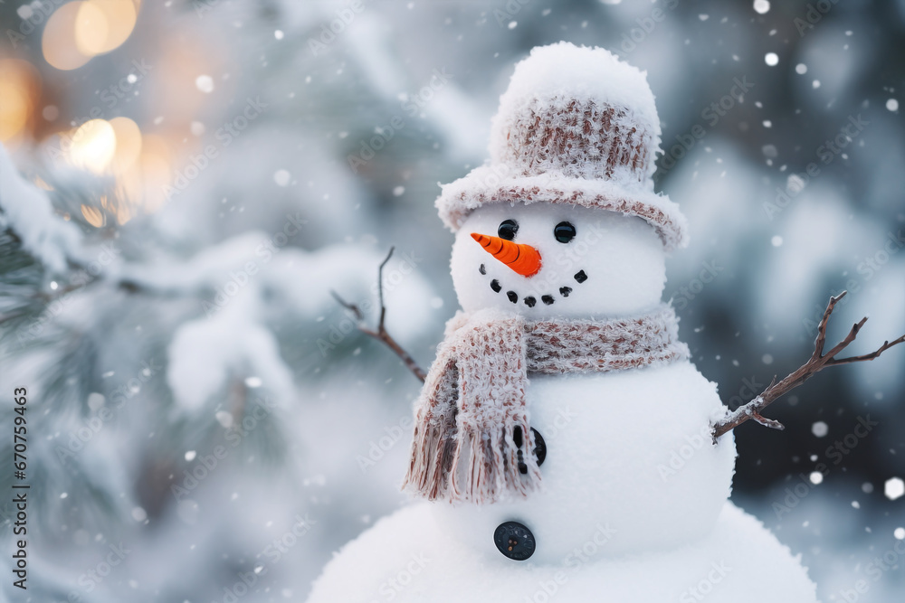 Fototapeta premium Christmas snowman in a snowy landscape. High quality photo