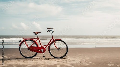 old vintage red bicycle on beach at sea background