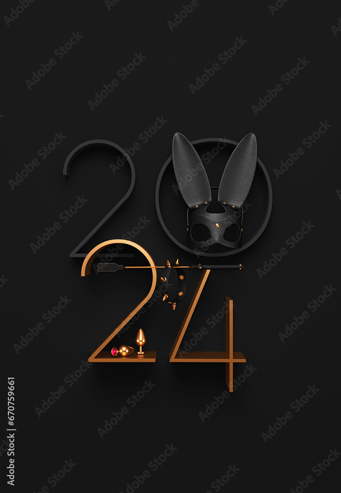 Creative 2024 New Year design template with BDSM elements: a rabbit mask, a leather whip, anal plugs and a collar with spikes. Creative 2024 New Year design template with BDSM elements: a rabbit mask, a leather whip, anal plugs and a collar with spikes.