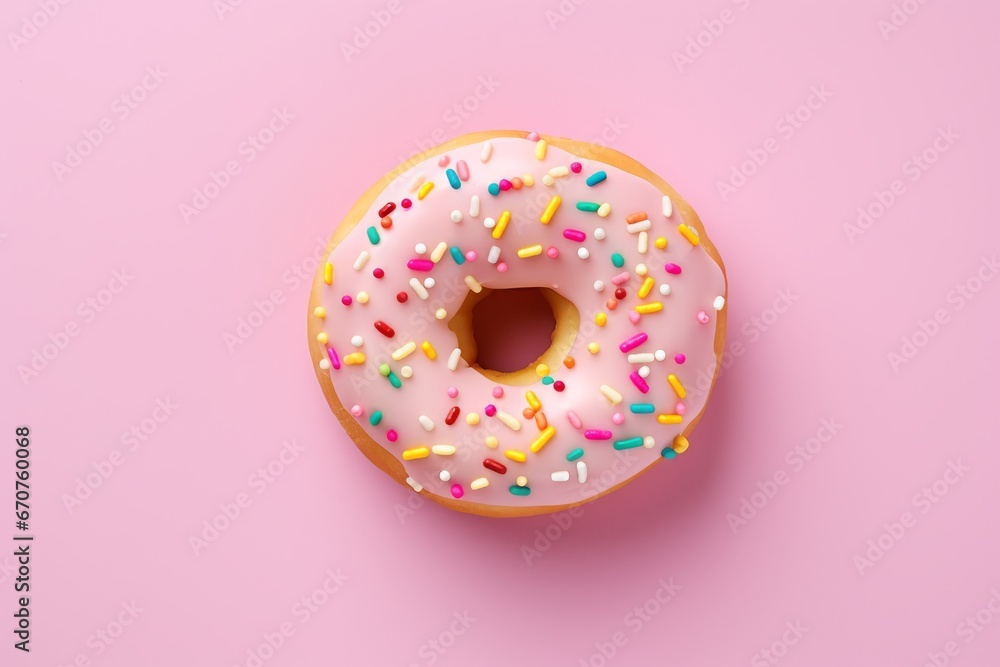 Delicious donut with sprinkles on a pink surface