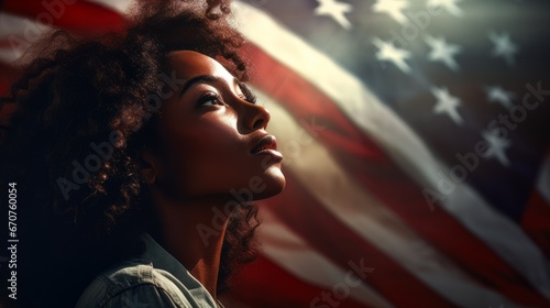 A Black Woman in front of the American flag, proudly looking up, for Independence Day, Juneteenth or Black History Month designs