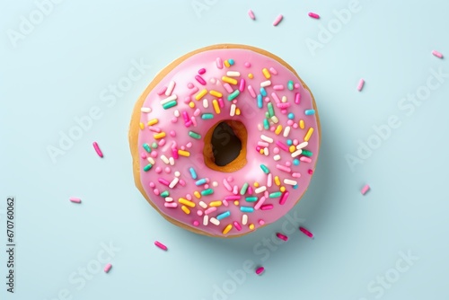 Delicious donut with sprinkles on a pink surface