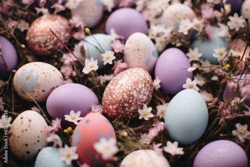Easter egg hunt, beautifully decorated eggs in the spring grass and flowers