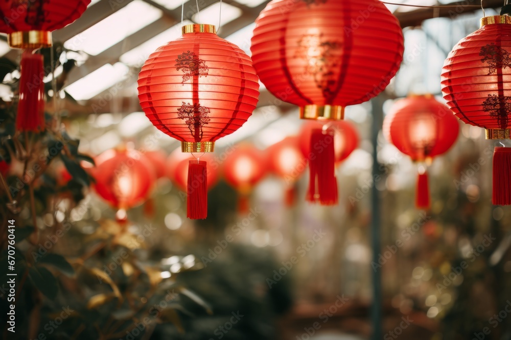 Obraz premium Beautiful glowing red Chinese lanterns, prosperity in the new year concept, Chinese New Year celebration