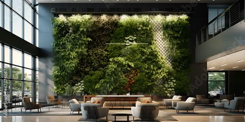 Modern office lobby with sleek furniture, a living green wall, and natural light  breathtaking plants such as cacti, succulents, and air plants, which are placed in various attractively designed pots.