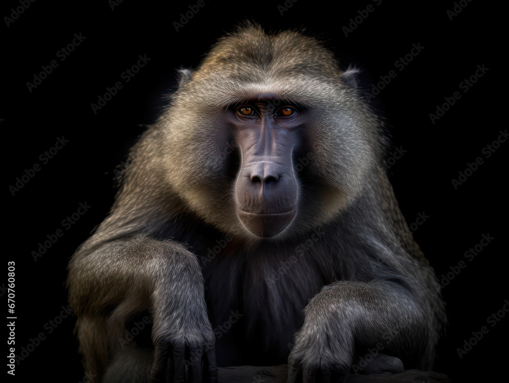 Baboon Studio Shot Isolated on Clear Black Background, Generative AI Baboon Studio Shot Isolated on Clear Black Background, Generative AI