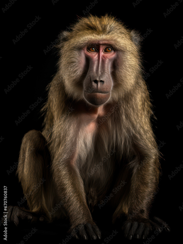 Baboon Studio Shot Isolated on Clear Black Background, Generative AI Baboon Studio Shot Isolated on Clear Black Background, Generative AI