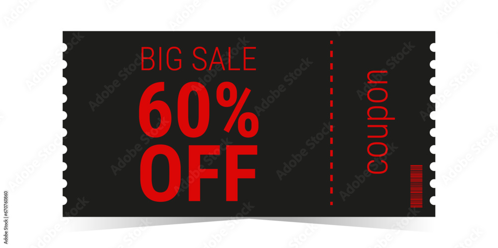Discount voucher and sale coupon template layout. Discount from 60 percent on a black background. Black and red design. Coupon with a big discount. Simple design. Isolated vector illustration.