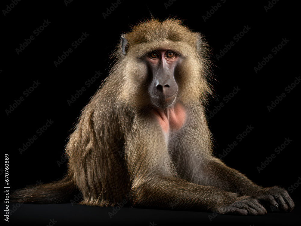 Fototapeta premium Baboon Studio Shot Isolated on Clear Black Background, Generative AI