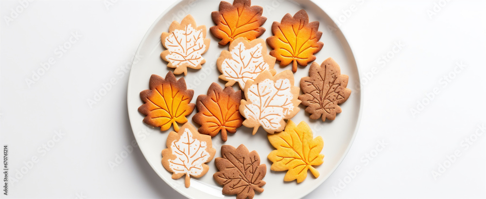 Top Down Photograph, Autumn Leaf.Cookies Isolated on a White Background, Generative AI