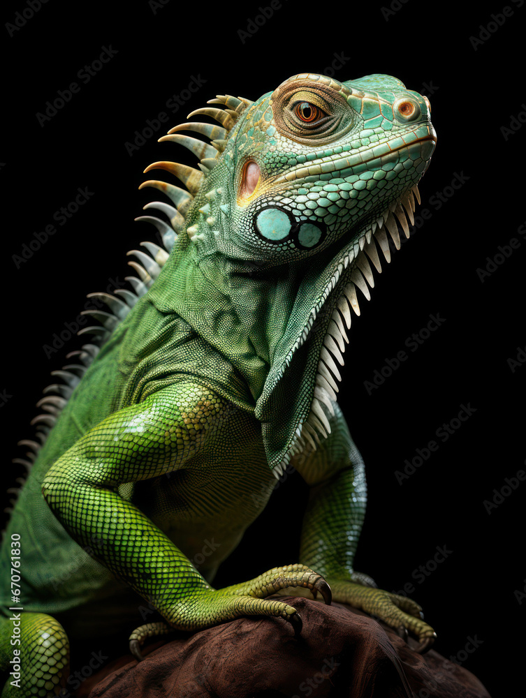 Fototapeta premium Iguana Studio Shot Isolated on Clear Black Background, Generative AI