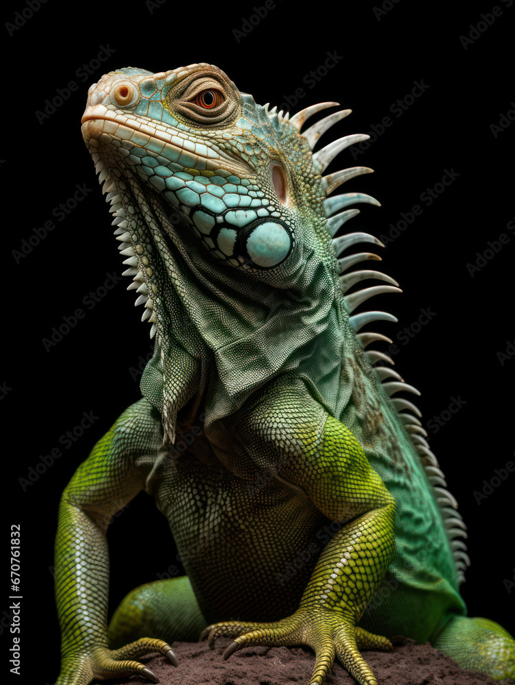 Fototapeta premium Iguana Studio Shot Isolated on Clear Black Background, Generative AI