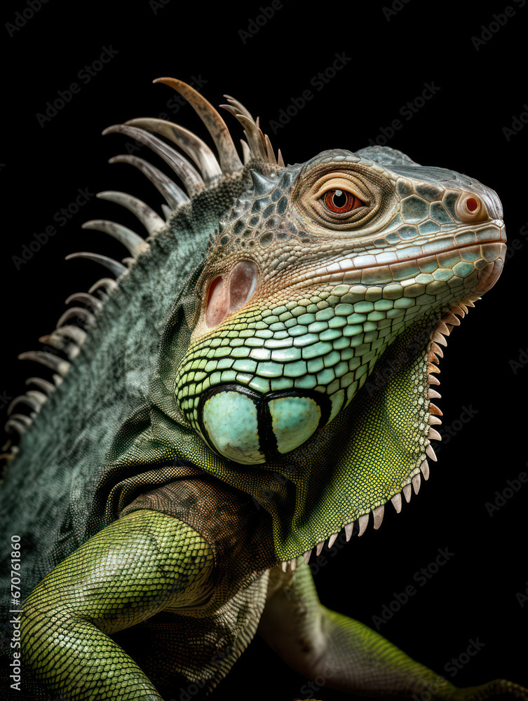 Fototapeta premium Iguana Studio Shot Isolated on Clear Black Background, Generative AI