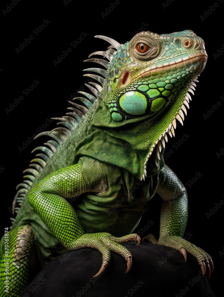 Obraz premium Iguana Studio Shot Isolated on Clear Black Background, Generative AI