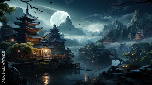 Ancient village of China, beautiful scene, scenery landscape, Chinese lanterns authentic architecture, houses, mystical evening, mystical evening, river, empty streets, peaceful atmosphere.