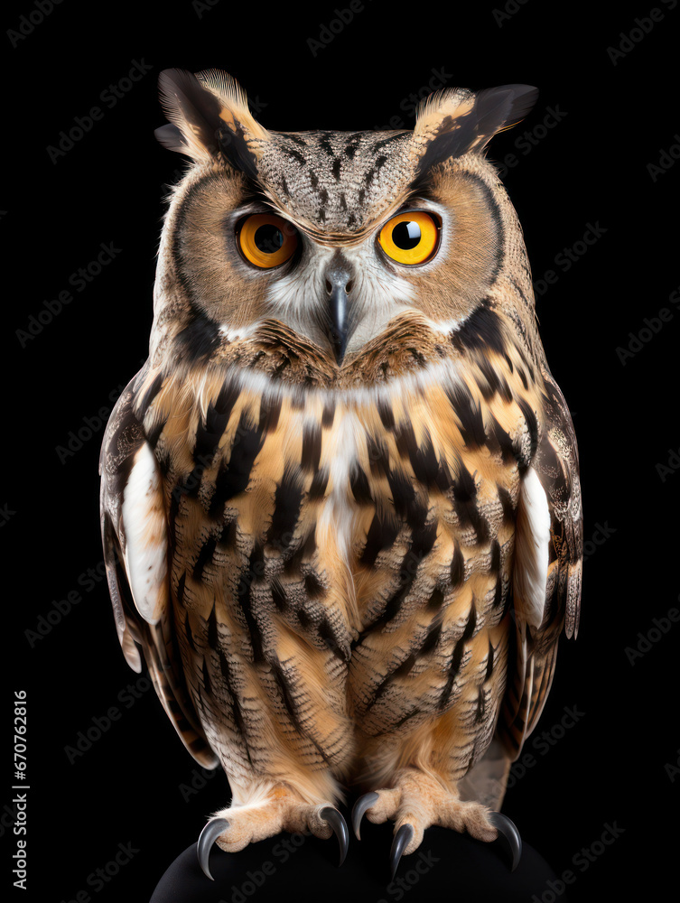 Owl Studio Shot Isolated on Clear Black Background, Generative AI Owl Studio Shot Isolated on Clear Black Background, Generative AI