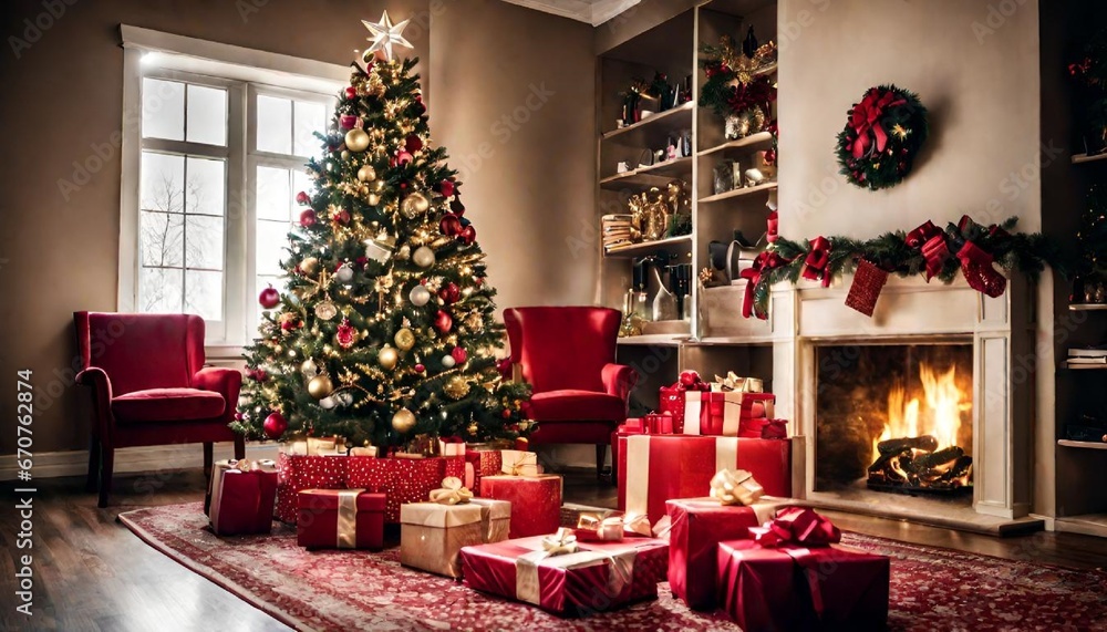 Christmas tree with gifts and decorations, A sparkling Christmas tree surrounded by gifts and laughter