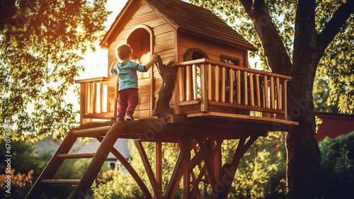 Child playing in wooden tree house  photo