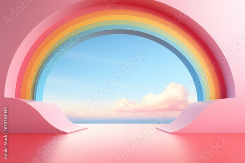 Rainbow pastel colorful stage layout. Background with realistic cylinder pedestal podium. Stage showcase, minimal mockup promotion product display