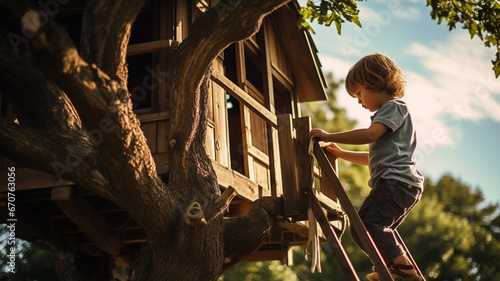 Child playing in wooden tree house 