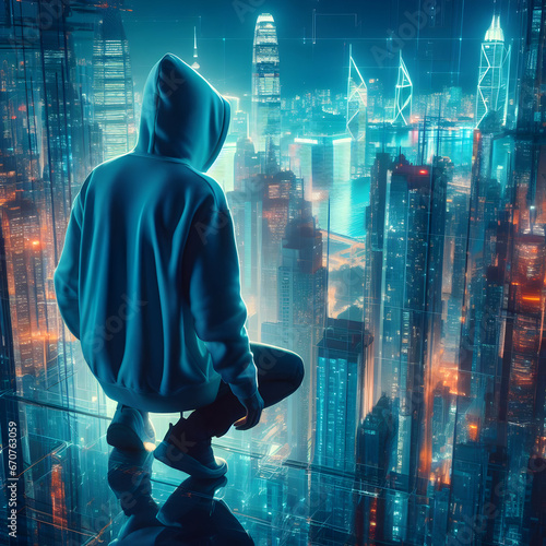 A Man or Woman Person in a Hoodie on His or Her Head Standing Up Hilltop High in Front of Looking into a Futuristic Expansive Street Neon City Skyscraper Skyline  Night in Background Cyberpunk Success