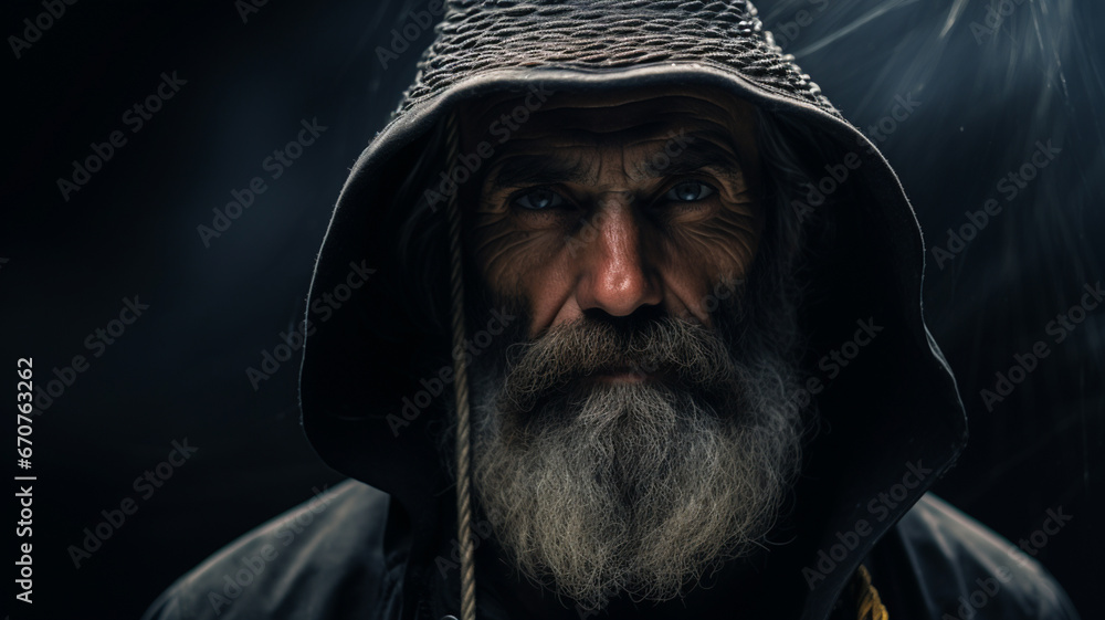 Close up portrait of old male fisherman during fishing trip on ship Close up portrait of old male fisherman during fishing trip on ship