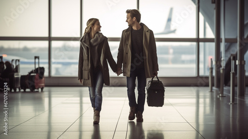 Couple holding hands in airport with luggage, concept of travel and tourism with plane photo