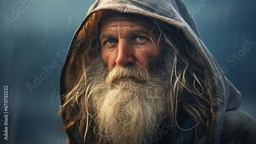 Close up portrait of old male fisherman during fishing trip on ship photo