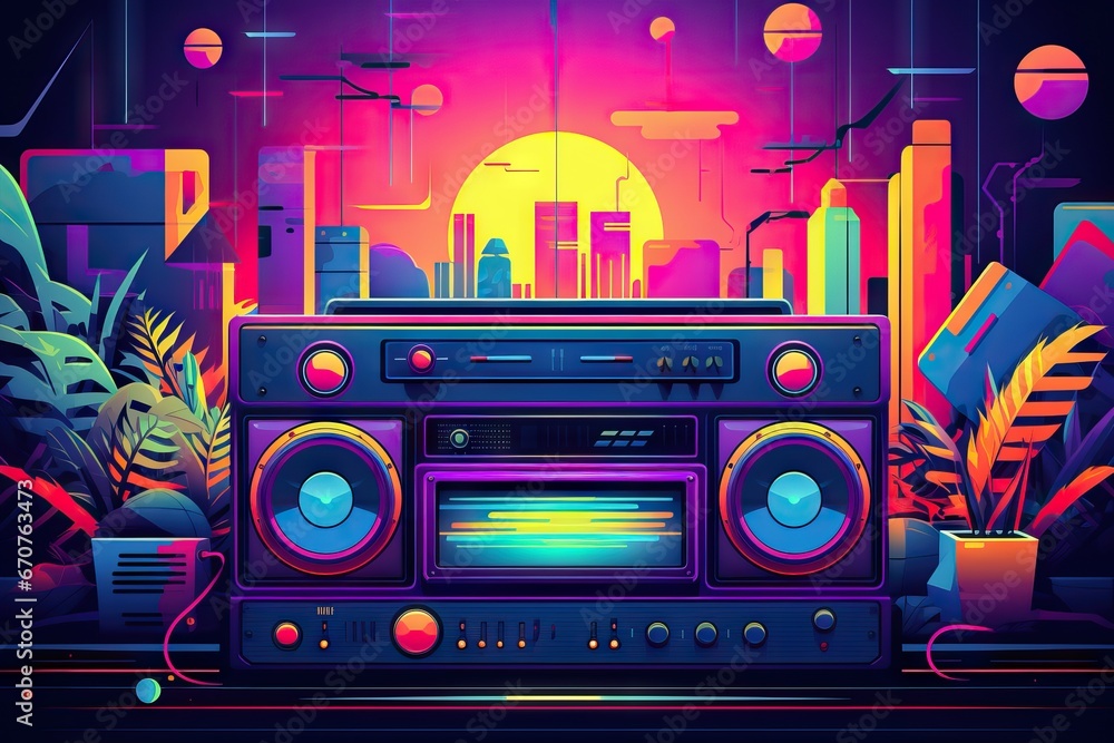 Retro outdated portable stereo boombox radio cassette recorder in fluorescent neon style. Radio and tape cassette player. Retro music poster, 80s and 90s funky colorful design. Memphis music party