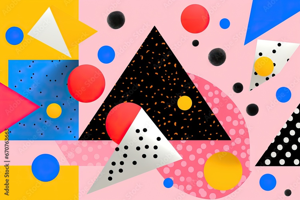 Colorful bright cartoon background. Trendy texture design with basic shapes. Abstract neon pattern with geometric shape, line and dot in trendy retro memphis animation 80s 90s style Colorful bright cartoon background. Trendy texture design with basic shapes. Abstract neon pattern with geometric shape, line and dot in trendy retro memphis animation 80s 90s style