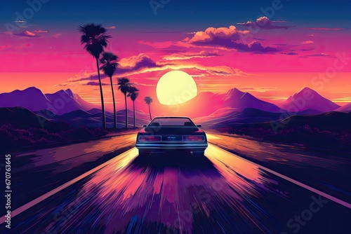 Retro car rides among the palm trees against the backdrop of the sunset in the beach. Delorean car in the night. 80's Retrowave, synthwave, vaporwave style. Design for poster, flyer, banner