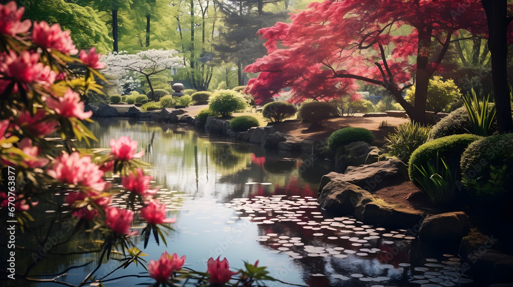 A natural view of water and flowers in the forest 