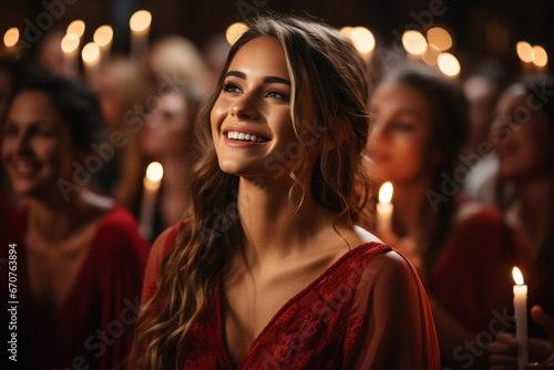 A choir singing hymns at a candlelight Christmas concert, creating a harmonious and peaceful atmosphere. Generative Ai.