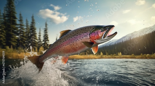3D illustration of Rainbow trout jumping out of the water.