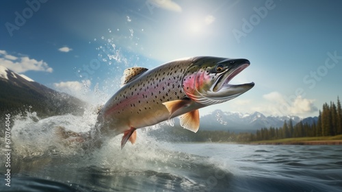 3D illustration of Rainbow trout jumping out of the water.