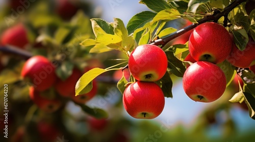 Red apples dangling from tree branches