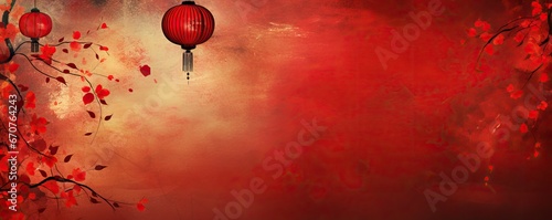 Red hanging lantern traditional Asian decor on red background with flowers. Chinese lantern festival. New Year abstract greeting backdrop with copy space. Design for poster, card, banner