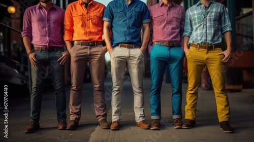 Group of friends sporting jeans and colorful shirts