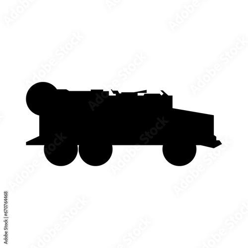 Military armored car or heavy tactical vehicle in silhouette flat icon. War design element vector illustration in trendy style. Editable graphic resources for many purposes.