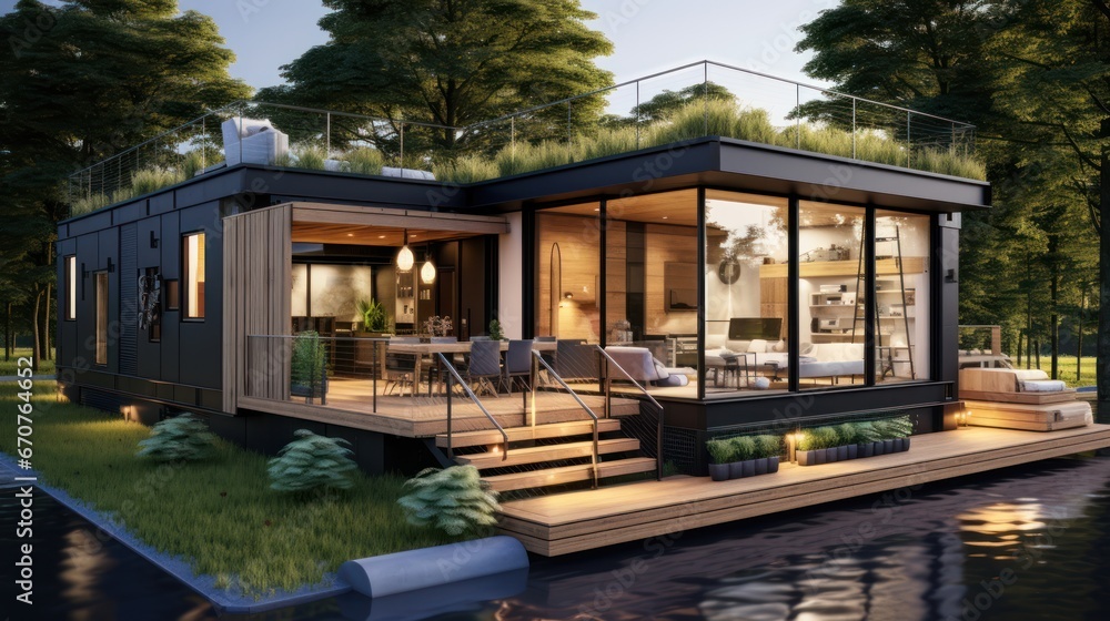 Eco-friendly living in a modern container house - obrazy, fototapety, plakaty 