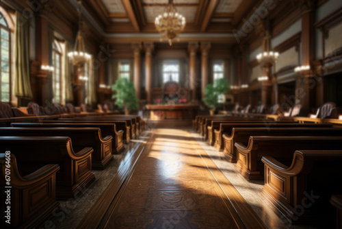 A courtroom with a judge delivering a verdict based on legal ethics, ensuring justice is served. Generative Ai. photo