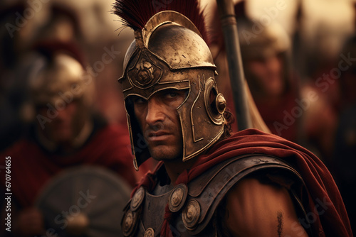 Warrior or emperor marching to war in ancient Greece.
Concept of spartacus and 300 gladiators photo