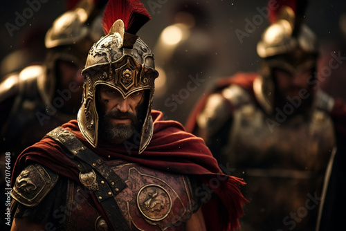 Warrior or emperor marching to war in ancient Greece. Concept of spartacus and 300 gladiators