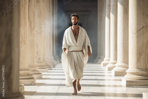 Greek male with anciety style draped garments like chitons and peplos, walking on marble columns of academy of athens photo