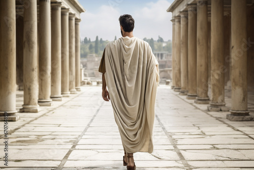 Greek male with anciety style draped garments like chitons and peplos, walking on marble columns of academy of athens