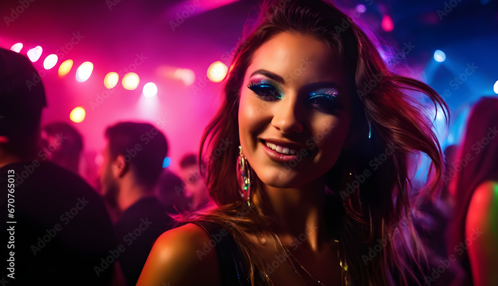 young girl happy and dancing among the crowd on New Year's Eve with neon lights, party atmosphere, New Year's Eve celebration, lifestyle concept, generative ai