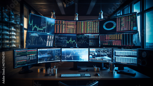 Many computer monitor screens with graphs and trading charts for stock market, crypto or forex 