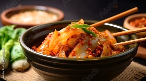 Kimchi cabbage eating by chopsticks, Korean homemade fermented side dish food