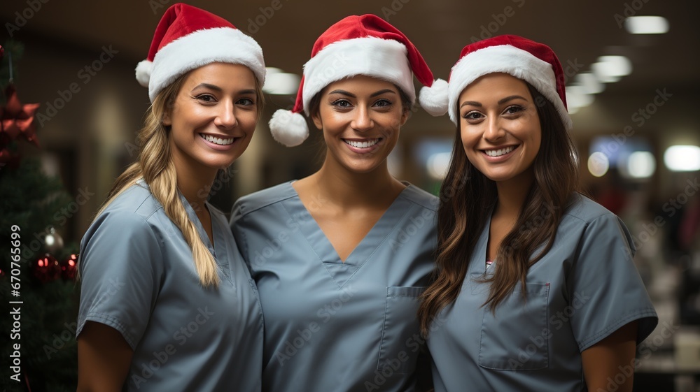 Nurses in the hospital celebrating Christmas. - obrazy, fototapety, plakaty 