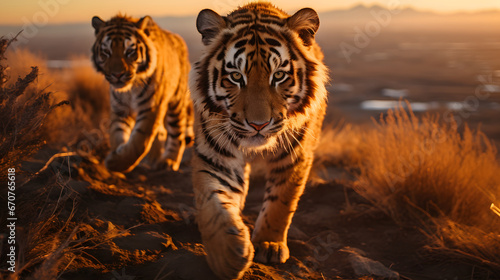 Great tiger male in the nature habitat. Tiger walk during the golden light time
